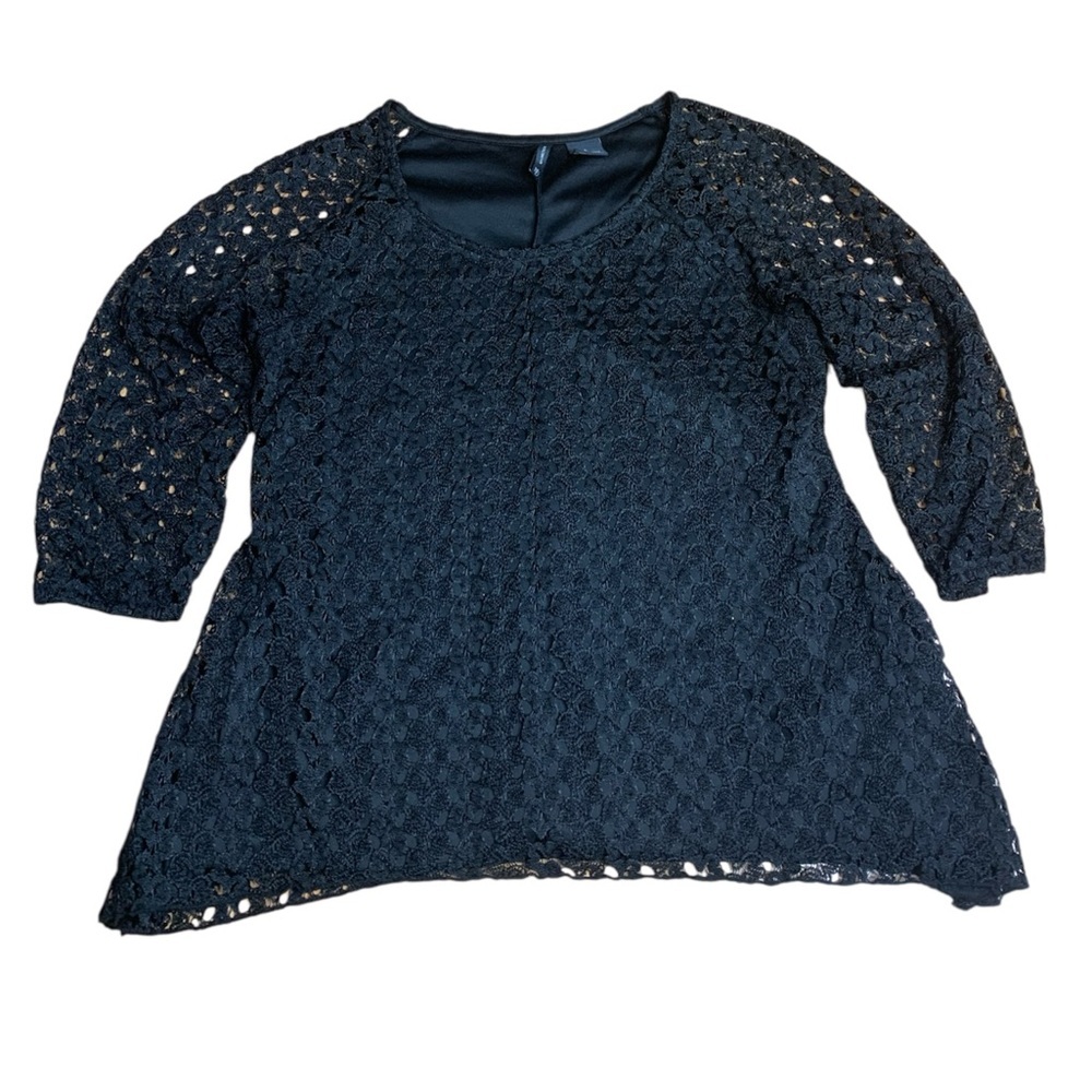 New Directions Black Floral Lace Overlay Top 3/4 Sleeve Size L